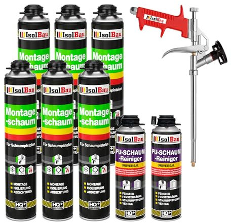 Isolbau Bauschaum-Set - Inkl. 6 x 1K Montageschaum B2 Pistolenschaum mit hervorragender Schall und Wärmedämmung (je 750 ml), 2 x PU-Schaum-Reiniger (500 ml) & 1 x Schaumpistole, Dämmen