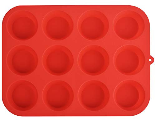 Zuvo Bandeja de silicona para magdalenas, 12 tazas, bandejas antiadherentes para hornear cupcakes y brownies (23 x 31 cm), moldes rojos para hornear magdalenas