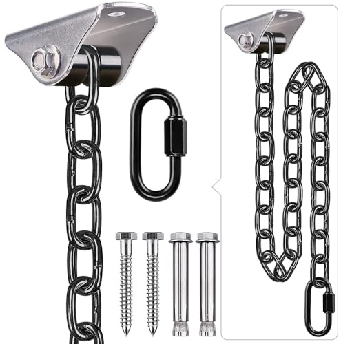 BeneLabel Hängesessel Deckenhaken, Schaukelhaken Schwerlast Drehbar Hängematte Befestigung Edelstahl Karabiner Silentbuchse mit 100cm Schwarze Kette Schraube für Holzbalken/Betondecken, Bis 454kg