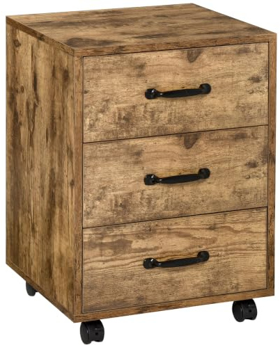 HOMCOM 3-Drawer Filing Cabinet for A4 & Letter-Size Files, Rustic Brown | Mobile, Small Rolling Filing, Under Desk File Cabinet, Home Office, Printer Stand, Under Desk Drawers