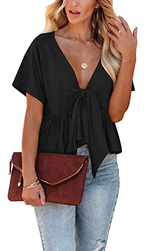 Fanway&EC Women's Short Sleeve V Neck Blouses Ruffle Hem Tie Front Crop Tops Lightweight Basic Summer Tops (Black,Medium,Medium,US,Alpha,Adult,Female,Regular,Regular)