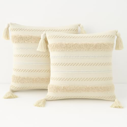 FEBE Kissenbezug 2er Set Boho Dekorativ Kissen 45x45 cm Beige Kissenbezüge für Sofa Wohnzimmer Schlafzimmer Vintage Kissenhülle 100% Baumwolle mit Reißverschluss