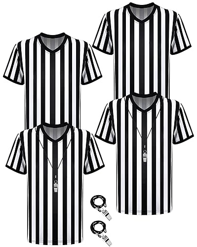 Sintege 4 Pack Referee Shirt Costume with Whistle,Adults X-Large