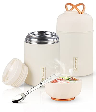 Dreamhigh® Thermobehälter für Essen 550 ml, Edelstahl Thermobecher Essen mit faltbaren Löffel, Warmhaltebehälter Auslaufsicher, 10 Stunden Heiß, 12 Stunden Kalt, Speißen, Suppe, Brei, Joghurt (Weiß)