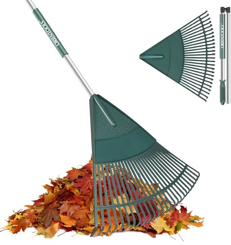 ORIENTOOLS Garten Laubrechen, Garten Rechen für Rasen Laub mit Faltbarer Griff 167 cm Rechen, 26 Starke Zinken Kunststoff Kopf Strauch Rechen, Landschaftsbesen für Rasen und Blätter