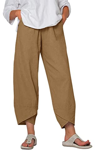 heekpek Pantaloni Donna Estivi Cotone Lino Leggeri Comodi Pantalone Casual Donna Larghi Tinta Unita Pantaloni Spiaggia 9/10 Lunghezza, Cachi, S