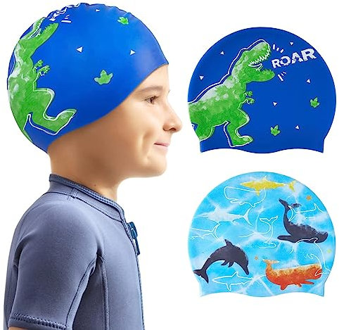 2 Stück Kinder Badekappe Wasserdicht Silikon schwimmhaube für Baby Jungen Badekappe Kleinkinder Badekappe Dinosaurier Badekappen für Kinder für Langes und Kurzes Haar
