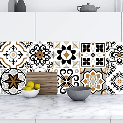 Fliesenaufkleber Bad 10X10Braun Schwarz Und Weiß Mandala Diy Fliesenfolie,Wasserdicht Treppenaufkleber,Fliesenfolie Für Badezimmer,Treppenaufkleber Wandfliese,Selbstklebende Fliesenrückwand(10Pcs)