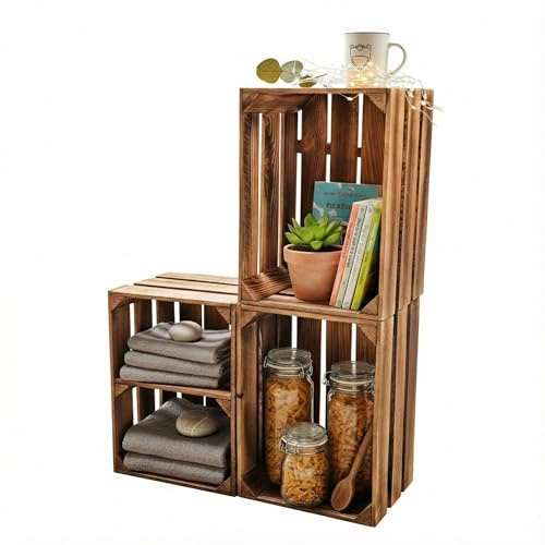 Teramico Vintage Holzkisten 40x30x25cm (3er Set mit Boden Kurz) | Geflammte Vintage Holzkisten als stilvolles Regal, zur praktischen Aufbewahrung, zur Dekoration oder als schöne Geschenkkiste