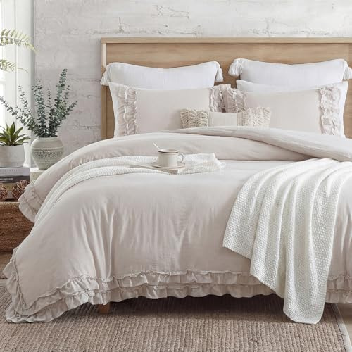 Herside Beige grå påslakanset enkel volanger sängkläder chic 2 lager söt ribbad design bondgård boho sängkläder set 1 påslakan 1 örngott (beige, enkel)