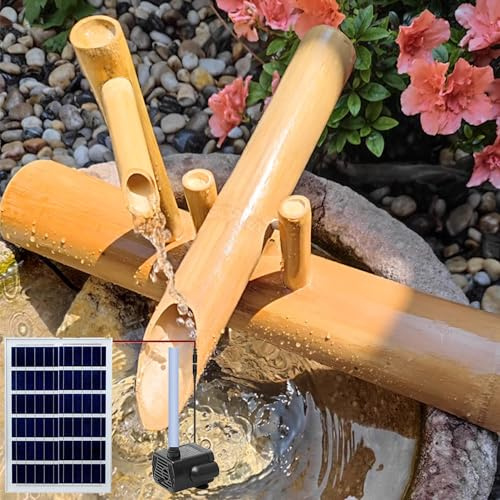 MOFGOE Kit Fontana di bambù, fontane indipendenti con Pompa Solare, fontane in Legno da Patio all'aperto, Decorazioni per Giardini Zen con paesaggi Acquatici, per Padre/Uomini