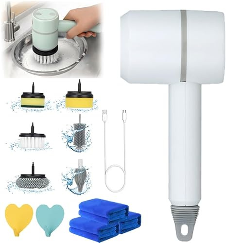 HOPASRISEE The Dish Buddy, Dish Buddy Electric, Dish Buddy Scrubber, Electric Dish Scrubber, Electric Cleaning Brush Dishwashing Brush Automatic, with 6 Replaceable Brush Heads (White)