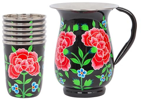 1x Carbon Peony 1.7L Hand-Painted Picnic Water Jug with 300ml Cups - Dinner Party Cocktail Juice Water Milk Pitcher Carafe - 6 Cups - by BillyCan