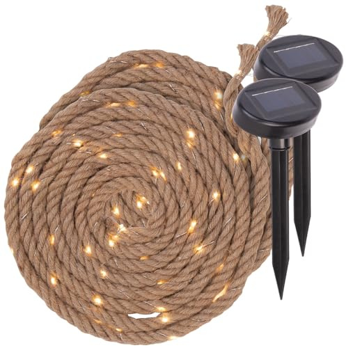 Lunartec Juteseil Lichterkette: 2er-Set Solar-Seil-Lichterkette aus Naturfasern, 60 eingearbeitete LED (Solar-Jute, LED Beleuchtung Garten außen, Band)