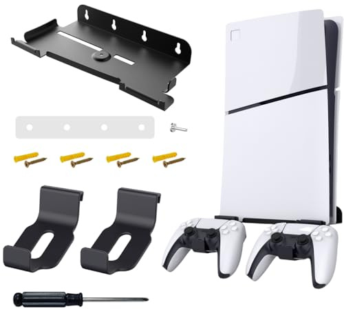 BeisDirect PS5 Slim Wall Mount Bracket for PlayStation 5 Slim Console Disc/Digital Edition, Wall Bracket for PS5 Slim with Detachable Gamepad Seat Storage Controller Holder, Black