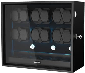 DUKWIN Watch Winder for 12 Automatic Watches, Lockable Automatic Winders with Extra 6 Watch Spaces, 4 Rotation Modes, Flexible Pillows, Quiet Motor and Blue Backlight