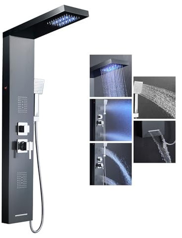 KEOKBON Panel de ducha negro, panel de ducha LED de acero inoxidable con grifo, 5 modos de salida de agua, ducha de lluvia, masaje de espalda (ducha de masaje y ducha de niebla), entrada de bañera,