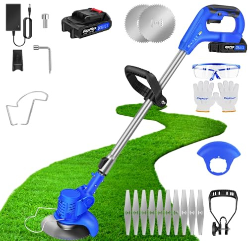 Qimu Akku Rasentrimmer 21V Elektrischer Rasentrimmer Elektro-Trimmer Elektrische Motorsense mit 1.5Ah Akku & Metall Messer, Akku Freischneider Gartenkantenfräser mit Klingen für Rasen Garten, Hof