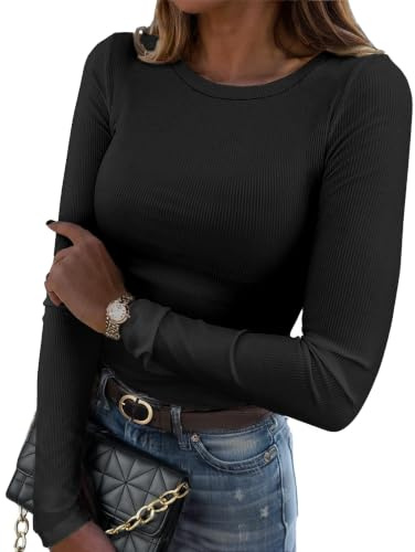 Zeagoo Camiseta Manga Larga Mujer T Shirt de Punto Acanalado Camisas Elegantes con Cuello Redondo Camisetas Ajustada Elástico Jersey Casual Sólido Top Negro M