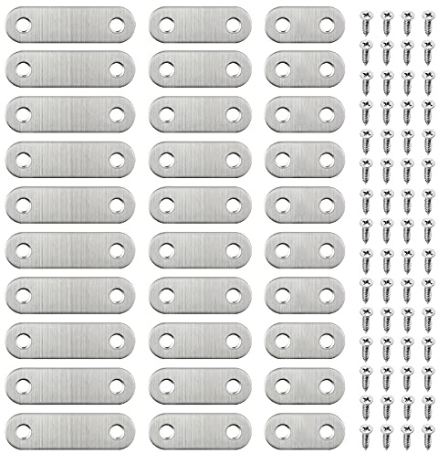 GOTRUST 30pcs Flat Fixing Brackets, Stainless Steel Straight Brace Bracket | 2 Holes Flat Connecting Plates, Metal Mending Joining Plate with 60 Screws for Wood, Repair Fixing Tables Chairs Furniture