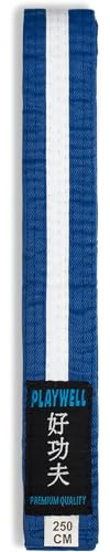 Playwell kampsport bomullsfärgat bälte med vit rand graderingsbälte - (Karate, Judo Taekwondo), Blått bälte med vit rand, 250cm