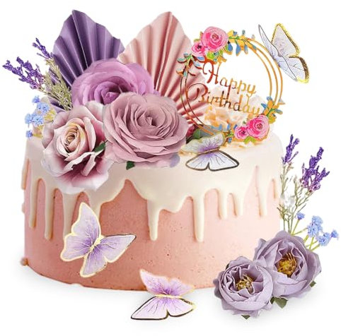 ISAKEN Rosette Cake Toppers, feuilles de palmier, décoration de gâteau d'anniversaire, décoration de gâteau papillon, décoration de gâteau, décoration de fleurs joyeux anniversaire pour gâteau
