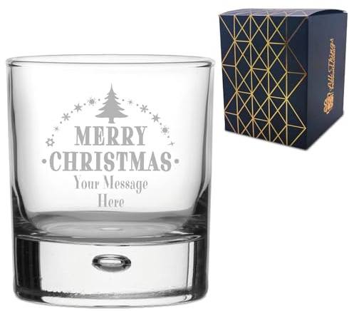Personalised Engraved Novelty Christmas Bubble Whisky Tumbler Glass with Merry Christmas Tree Design, Customise with Any Name or Message, Gift Box Included, Laser Engraved