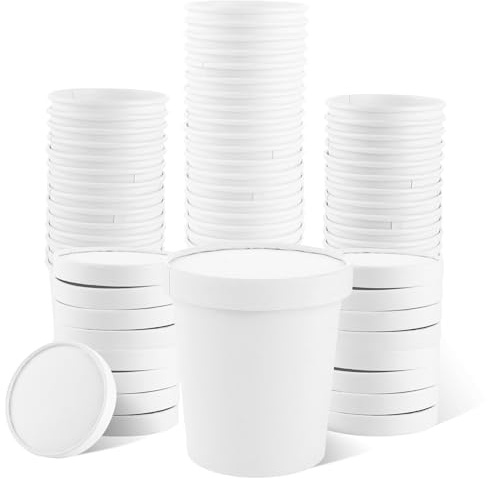 Oungy 50 vasos de papel blanco con tapa, vasos para sopa To Go 450 ml, vasos de cartón de 16 oz, vasos desechables con tapa, vasos de papel redondos para caja de ensalada, helado, sopa, café