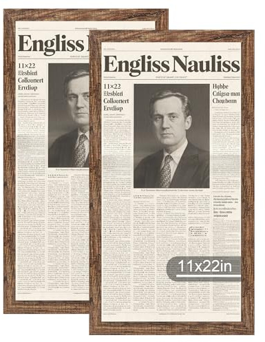 Hongkee 11x22 Newspaper Frame 2 Packs, Real Glass and Rustic Brown Wood Frame, Display Panoramic 11 x 22 Magazine Frames - Horizontal or Vertical Wall Mounting