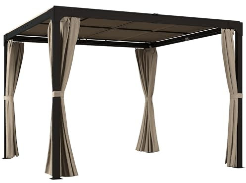 Outsunny Pérgola de Aluminio 4,2x3 m Cenador de Jardín Gazebo con Techo Corredizo 4 Paredes Laterales y Orificios de Drenaje Pabellón para Patio Terraza Beige y Negro