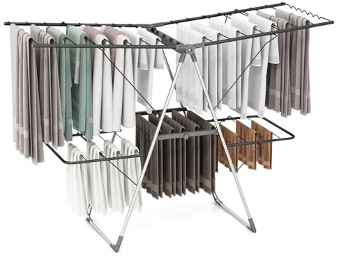 GIANTEX Étendoir à Linge Pliable à 2 Niveaux, Séchoir à Linge Pliable avec Ailes Réglables(75-130 cm), 33 Barres, Clips Utiles, Cadre en Acier, Séchoir sur Pied pour Intérieur, Extérieur