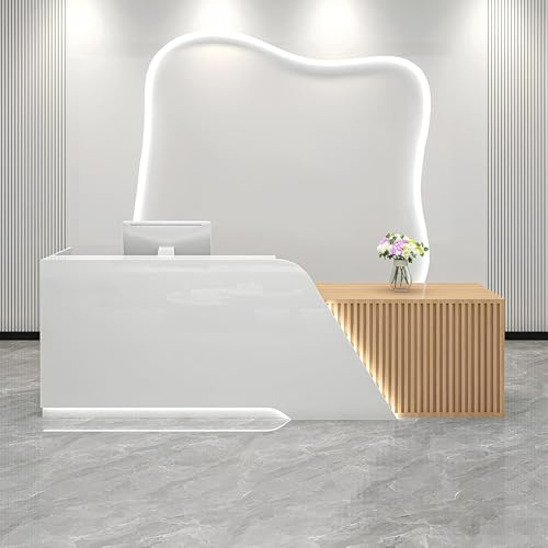 Moderno escritorio de recepción de madera, diseño minimalista multifuncional para recepciones de oficina y mostradores de efectivo