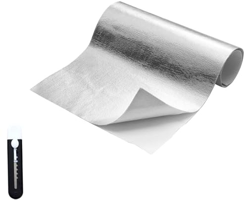 Laitejituan 60 x 350 cm Feuille Isolante Autocollant Isolation Thermique en Feuille Aluminium Fibre de Verre Barrière Thermique Aluminisée Matériau Réfléchissant pour Isolation & Tuyauteries