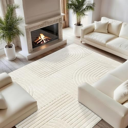 SWGRT 8x10 Extra Large Solid Color Area Rugs – Washable Living Room Rug, Durable Non-Slip Indoor Carpet with Soft High-Low Pile, Fluffy Floor Rugs for Bedroom, Kids Room, Nursery, Home Décor, Beige