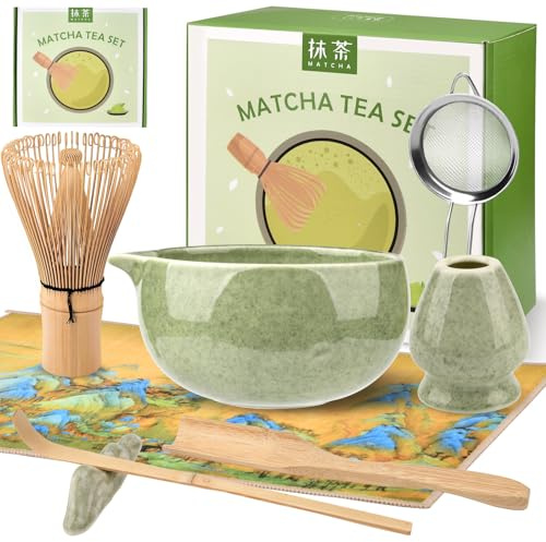 Matcha Set, 8 Stück Matcha Tea Set, Bambus Matcha Whisk, Matcha Schale mit Auslauf, Besen Halter, Sieb, Löffel, Halter, Teelöffel und Handtuch, Matcha Kit für Matcha-Liebhaber Anfänger