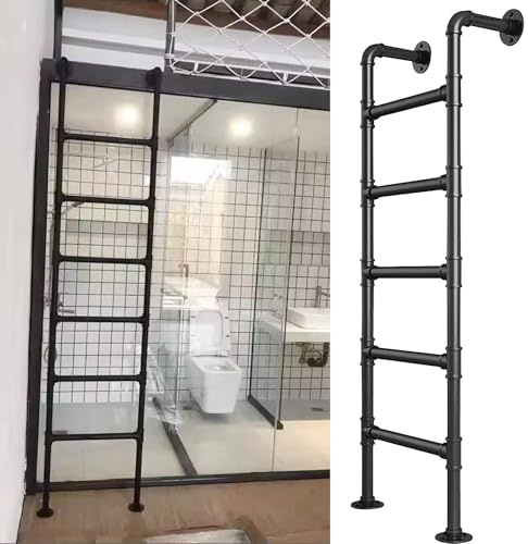 Escalera industrial de metal para litera, 5 escalones, para montar en la pared, acceso a loft, escalera de hierro negro para soluciones de ahorro de espacio (118 pulgadas)