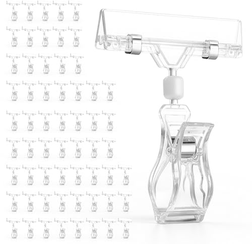 60 Stück Kunststoff Drehbare Schilderhalter - Transparente Display Clips | Preisschild Klammer Kunststoff-Clips für Preisschilder an Obstkörben in Bäckerei, Supermarkt, Boutique und Laden