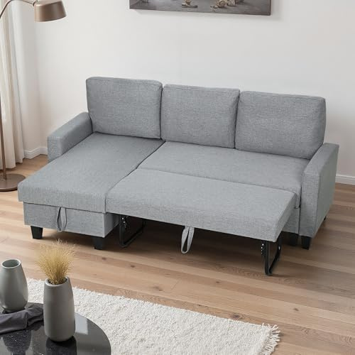 HOMCOM Corner Sofa Bed with Storage L-Shaped Sectional Couch Grey | Convertible, Sleeper Couch, Reversible Chaise, Linen Fabric, 3 Seater Pull Out Sofa Bed, Living Room