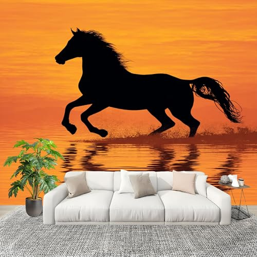 Papel Pintado Panorámico 300x210cm Primer Plano Un Caballo Al Atardecer Personalizable Fotomurales No Tejido Póster Pared Decoración Colore Arancione 3D Duradero y Resistente a las manchas Fotomurales