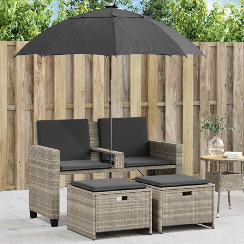 Holamys Canapé de jardin 2 places en polyrotin gris clair avec parasol et 2 tabourets, pour terrasse, jardin, balcon, mobilier d'extérieur robuste, facile d'entretien, résistant aux intempéries