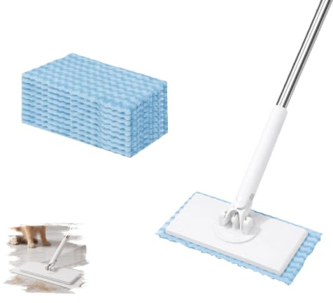 Mocio con sistema di bloccaggio a pressione con 10 panni in microfibra riutilizzabili, senza lavarsi le mani, 1 pulsante per la casa e l'ufficio (blu)