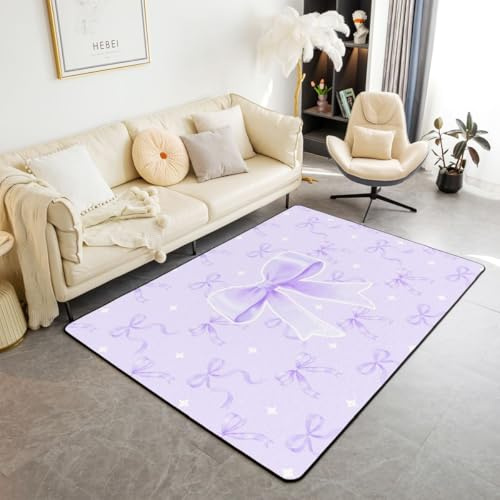 Homemissing Alfombra de área con lazo para niñas, 100 x 150 cm, color morado claro, moño para sala de estar, dormitorio de niños, niñas, decoración de lazos de dibujos animados, alfombra con respaldo