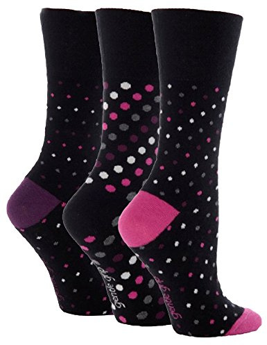 3 Pairs of Ladies Sock Shop Gentle Grip Patterned Socks, Various Designs/Colours, Ladies UK Size 4-8 (Black Multi Dot)
