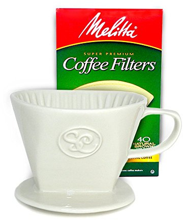 Simply Charmed Ceramic Pour Over Coffee Maker with 40 Count Melitta Filters - Elegant Single Serve Coffee Dripper for Rich Brewed Pour Over Coffee - Base Measures 4, Height 3 - Brews 8-16 oz