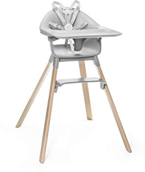 Stokke Clikk Easy to Clean Cloud Grey Baby High Chair with Natural Legs, All in One Box (Includes Tray and Harness)