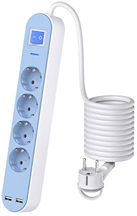 UCOMEN Steckdosenleiste USB Überspannungsschutz Steckdosenadapter 4 Fach mit 2 USB Ladeanschlüsse Mehrfachsteckdose Wandmontage (3680W) mit 150CM Kabel -Blau