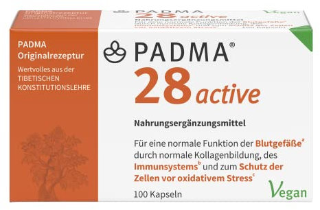 PADMA 28 active 100 Kapseln - Mit Vitamin C - Unterstützung von Blutgefäßen, Immunsystem & Schutz vor Stress - Nach tibetischer Rezeptur mit Kräutern & Mineralien - Vegan, hergestellt in der Schweiz