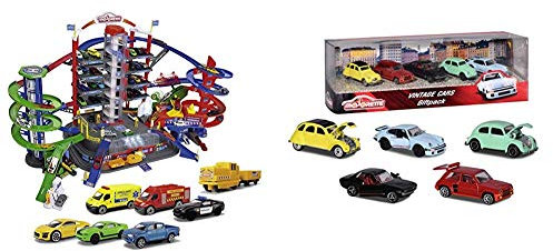 Majorette Super City Garage, motorisierte Bahn für Modellautos mit Parkplätzen und Eisenbahn, Parkhaus für Die-cast Autos & Vintage 5er-Geschenkset, Spielzeugautos mit Freilauf aus Metall, 7,5 cm