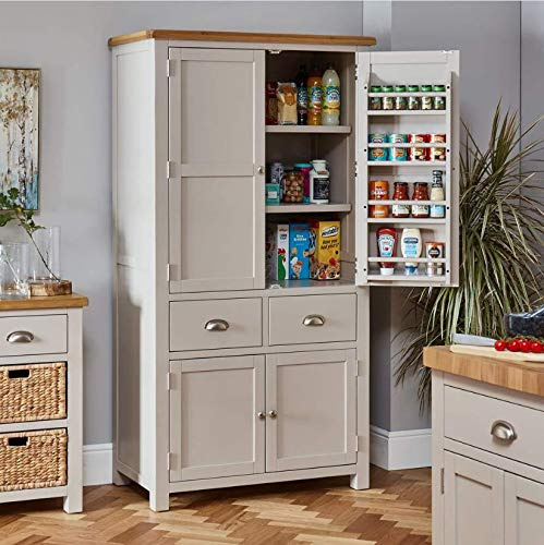 Cotswold Grey Double Kitchen Larder Cupboard with Natural Oak Top, Adjustable Shelves, 2 Drawers for Cutlery, Light Grey Painted Finish - H 1900mm x W 1000mm x D 550mm