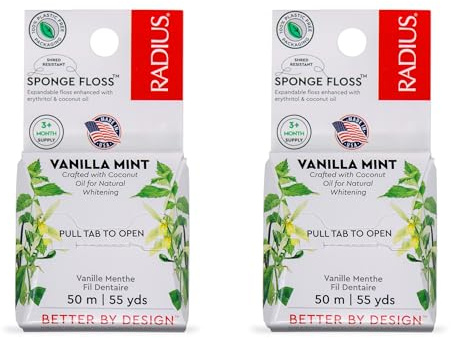 Radius Dental Floss, Sponge Floss, Vanilla Mint, 55 Yards, Vegan & Non-Toxic Oral Care Designed to Help Fight Plaque, Pack of 2
